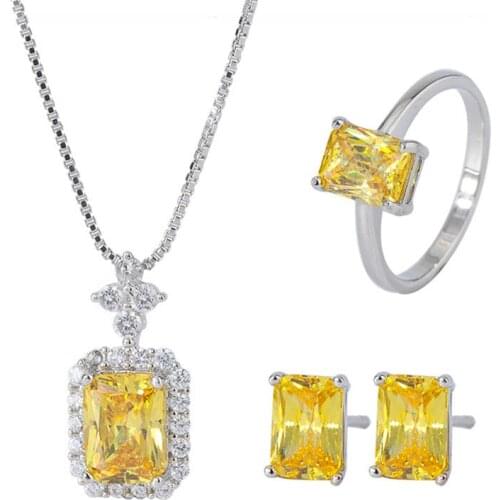 S925 silver needle Korean fashion popular high carbon simulation yellow diamond long earrings pendant ring three piece jewelry