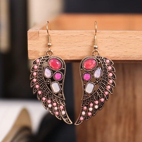 Ethnic Pink Wing Rhinestone Earrings Womens Retro Trendy Gold Hollow Alloy Gypsy Jhumka Earrings Wedding Jewelry