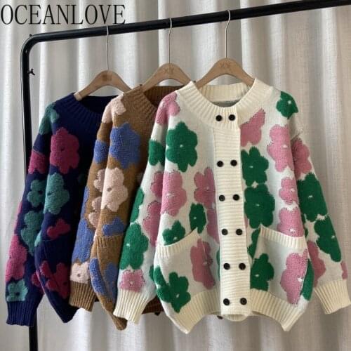 OCEANLOVE Thick Warm Cardigans Print Floral Double Breasted Korean Sueters De Mujer Sweet Autumn Winter Sweaters Women