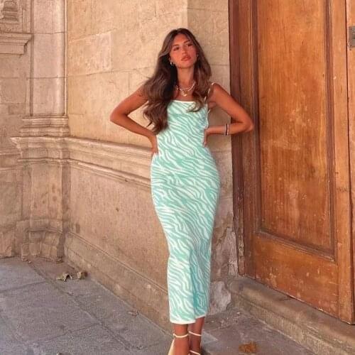Foridol Zebra Print Knitted Backless Autumn Dress Strap Sleeveless Bodycon Maxi Long Dress Vestidos Casual Green Party Dress