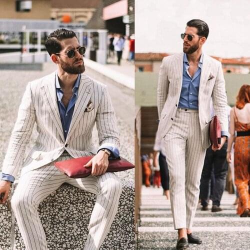 High Qualiy Ivory Striped Mens Suits Floral Formal Party Groom Wedding Tuxedos Best Man Prom Blazer Suit (Jacket+pants)