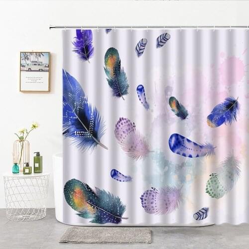 Colorful Feathers Shower Curtain Polyester Bath Curtain 3D Printed Animal Feathers With 12 Hooks Home Bathroom Decor Bath Screen