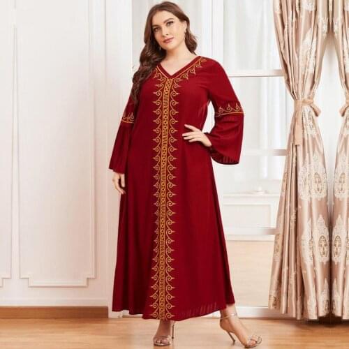 Muslim Oversized Womens Gold Thread Embroidery Long-sleeved Folds Retro Ethnic Red Temperament Long Skirt Djellaba 2021