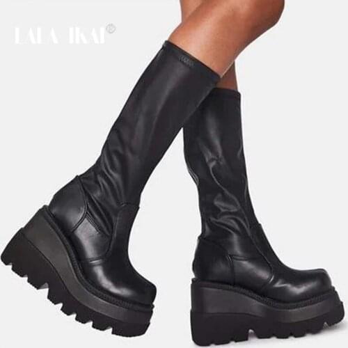 LALA IKAI Ladies Fashion Platform Boot Chunky Heel Wedges Mid Calf Women Boots Brand Thick Bottom Motor Rider Winter Shoe