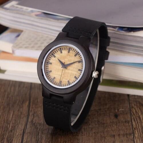 Ladies Design Brand Luxury Black Wooden Watches Real Leather Quartz Watch for women Natural black bamboo Wood Drop Shipping