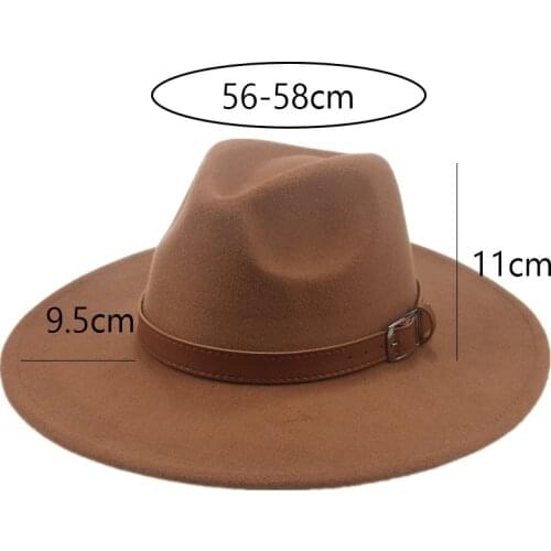 Women hats big brim 9.5cm solid band belt classic simple fedora hats felted wide brim khaki white wool dress autumn winter hats