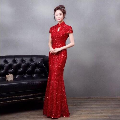 Red Long Qipao Sequin Mermaid Wedding Bridal Cheongsam Chinese Traditional Womens evening dresses