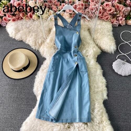 Women Denim Strap Dress Retro Mesh A-line Dress Fashion split Backless Streetwear Elegant Off Shoulder Short Dress