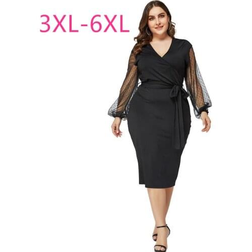2021 spring summer plus size dress for women large long sleeves slim casual lace V neck pencil dresses belt black 4XL 5XL 6XL