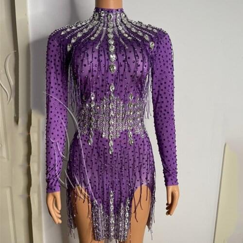 Purple Fringed Dress Women Dancer Outfit Birthday Celebrate Prom Dress Sexy Rhinestone Dress Nightclub DJ Evening Dress DN8941
