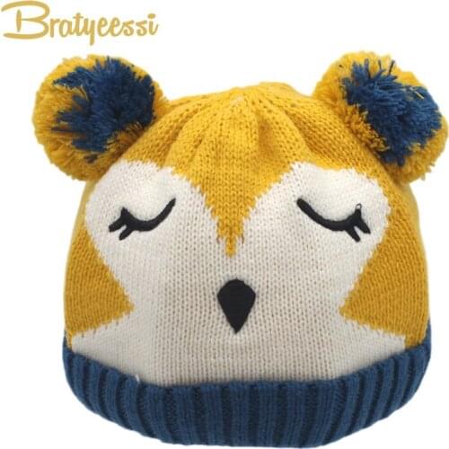 Cute Winter Baby Hat with Pompom Cartoon Kids Beanie Hats Plush Lining Knitted Infant Baby Cap for 4-24 Months 1 PC