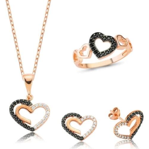 925 Sterling Silver Diamond Mounted Heart Pattern Womens Set