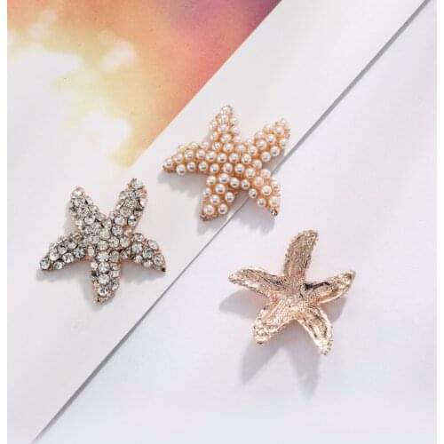 Free shipping 50PCS 28mm metal pearl rhinestone crystal starfish buttons embellishment flat back rose gold plating BTN-5716