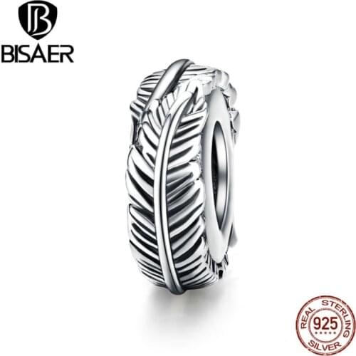 BISAER Feathers Spacer 925 Sterling Silver Feather Beads Clips Stopper Leaves Charms fit Bracelets Silver Jewelry ECC1236