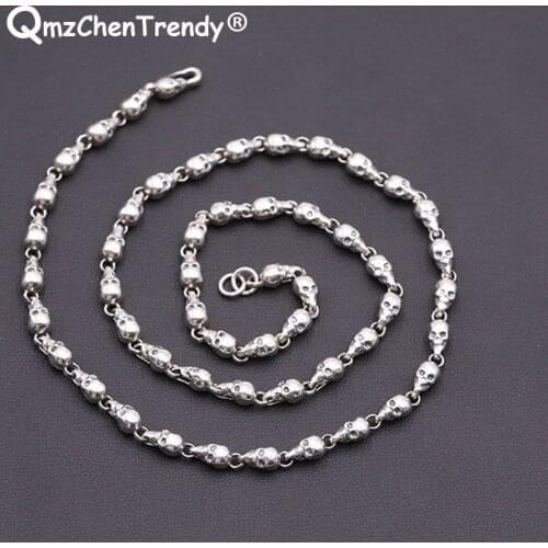 4.5mm Pure S925 Sterling Silver Punk Men Women Skull Head Chain Necklace Skeleton Head Thai Silver Choker Sweater Chain Jewelry