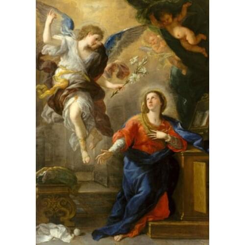 Photo to Painting on Canvas Angels Figure Oil Painting The Annunciation Angel Holding White Flowers with Madonna Mary Handmade