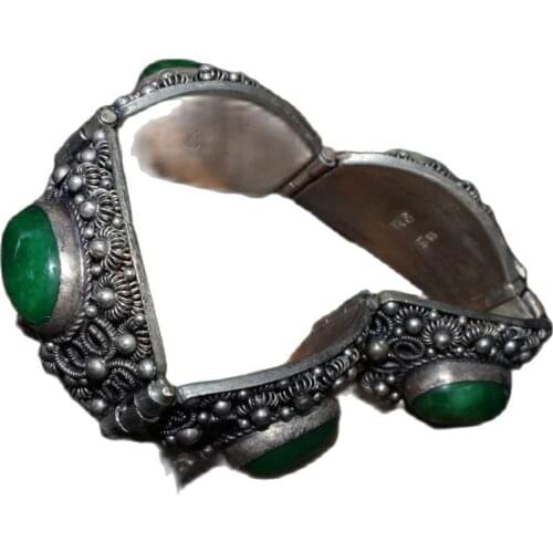 China Old Tibetan Silver Inlaid Emerald Inlaid Bracelet