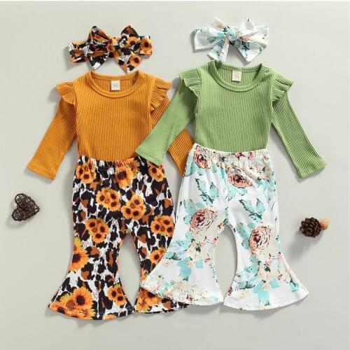 3Pcs Toddler Baby Girls Tops + Trousers Suit Fresh Solid Color Long Sleeve Romper + Flower Trumpet Pants with Headband,0-18Month