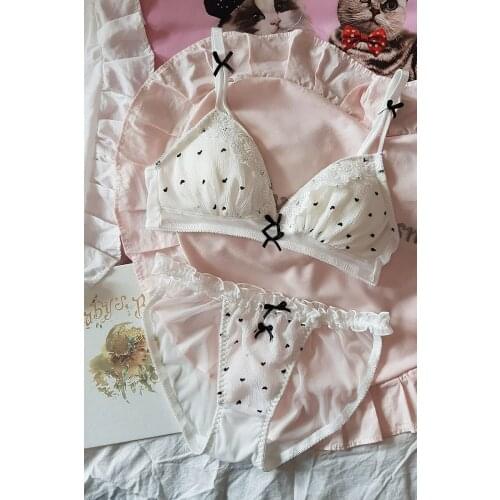 Black &White Heart Japanese Lace Bra & Panties Set Wirefree Soft Underwear Sleep Intimates Set Kawaii Lolita Cute Sexy