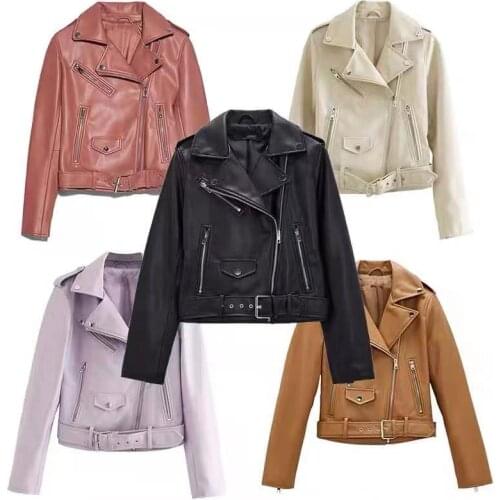 Za Womens PU Jackets Faux Leather Coat Ladies Motorcycle Jacket Black Streetwear Cropped Tops Autumn Long Sleeve Jacket Woman