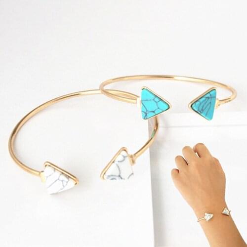 Hot Fashion Gold Color Punk White Blue Triangle Faux Marbleized Stone Open Cuff Bangle Bracelet for Women Exquisite Jewelry