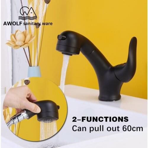 Basin Faucet Solid Brass Bathroom Sink Pull Out Faucet Mixer Tap New Arrival Hot Cold Switch Deck Mounted Matte Black Tap ML8017