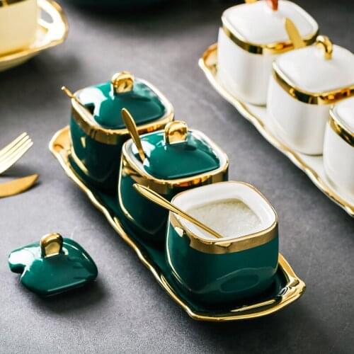 Creative Nordic Style Ceramic Kitchen Seasoning Tank Set Wooden Cover Salt Shaker Spice Jar Kitchen Accessories Kitchen Tools
