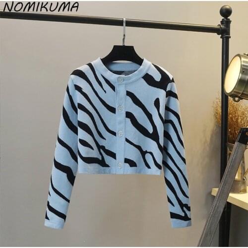 Nomikuma 2021new Korean Cropped Cardigan Sweaters Fashion Zebra Stripe Knitwear Long Sleeve O-neck Slim Short Knitted Coat 6K989
