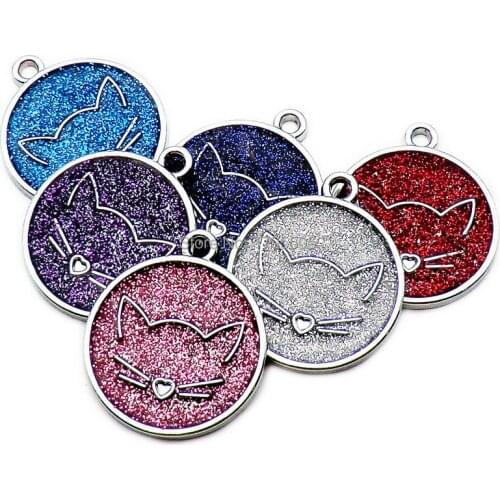 Wholesale 100Pcs bright cat face lovely Round dog ID Tag Anti Lost Pet Kitten Accessories animal like plate pink heart Customize