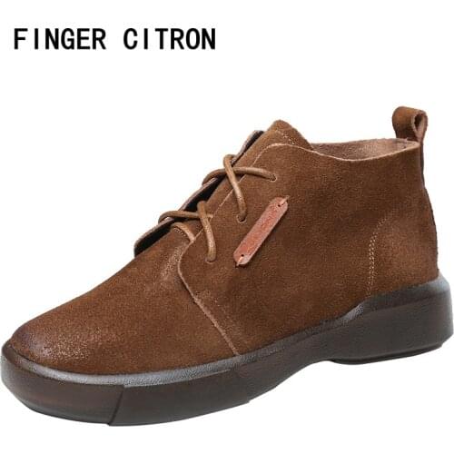 Finger Citron Women Anckle Boot Cow Suede Round Toe Rubber Outsole Fashion Soft Comfortable By Handmade Lady Style Size 35-41