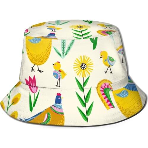 Chicken Rooster And Flowers Yellow Illustration Bucket Hat Summer Hats Fisherman Hat Foldable Women Men Sunscreen Shade Caps