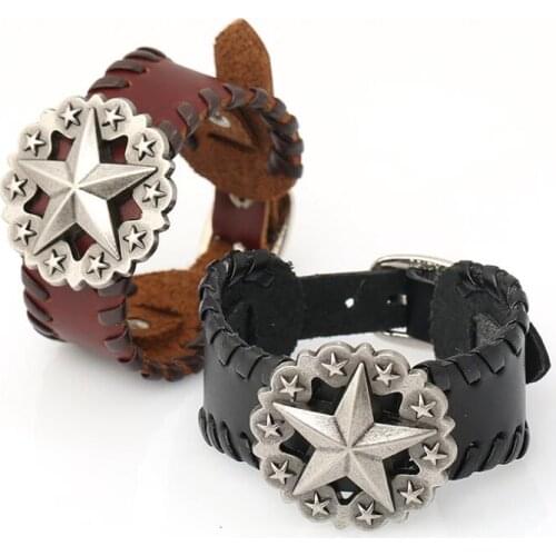 Punk Rock Gothic Jewelry Fashion Men Women Alloy Star Charm Wristbands Leather Bangle Wrap Retro Vintage Wide Cuff Bracelet Belt