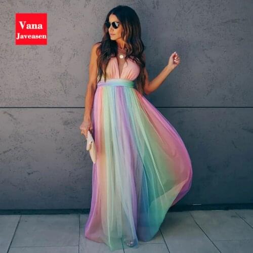 Deep V-neck Rainbow Mesh Sexy Dress Women Sling High Waist Sling Dresses Beach Summer Clothes Women Dress Streetwear Vestidos