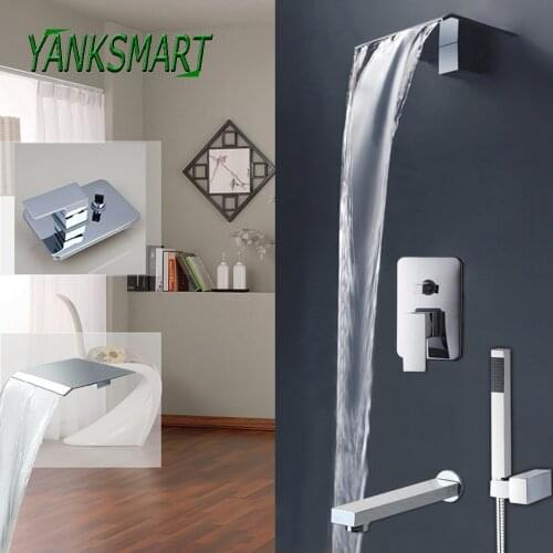 YANSKAMRT Chrome Polished Soild Brass Bathroom Bathtub shower Faucet Watherfall Wall Mounted Faucets Single Handle Mixet Tap