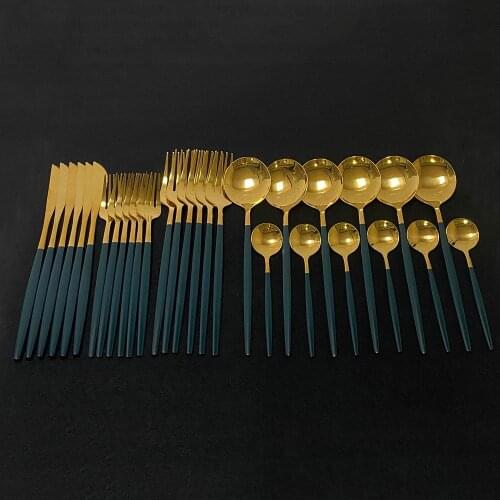 30Pcs/Set Stainless Steel Dinnerware Cutlery Set Green Gold Knife Dessert Fork Spoon For Party Dinner Silverware Tableware Set