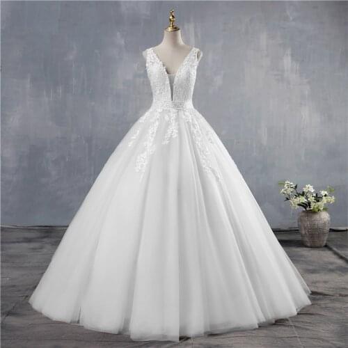 ZJ9149 V Neck Wedding Dresses 2020 Light Champagne Floor Length Applique Open Back A Line Backless Bridal Gowns