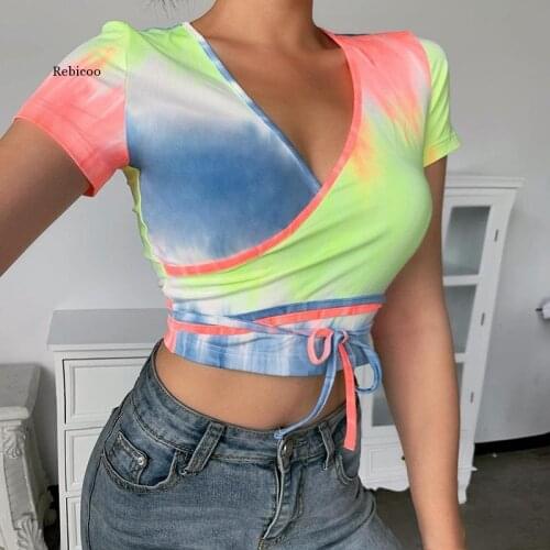 Fashion Streetwear Women Crop Tops Summer New Tie Dye T-Shirt Female Slim Tie Sexy V-Neck Navel Strap Women Tops Summer