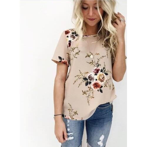 Euroamerican 2020 Summer Casual Flowers Print Womens O-neck Loose Plus Size Chiffon Tees Short Sleeved Female T-shirt grunge