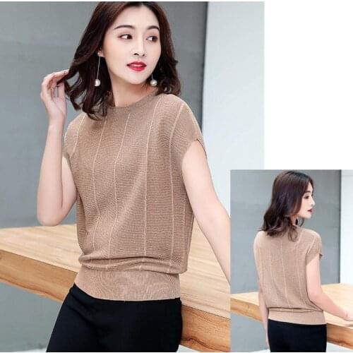 Big size Ice Silk Knitted T-shirt Women Summer thin Breathabel Top t shirts Girl black Tees High Elastic Shirt Woman