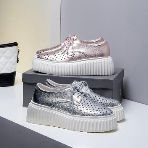 MEZEREON Women Creepers Cut-Outs Sheepskin Shoes Woman Lace-Up Round Toe Thick Bottom Footwear For Spring Autumn High Quality