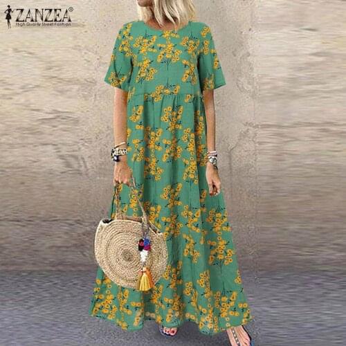 Summer Women Sundress ZANZEA Vintage O Neck Short Sleeve Floral Printed Dress Casual Loose Baggy Party Long Vestidos Kaftan Robe