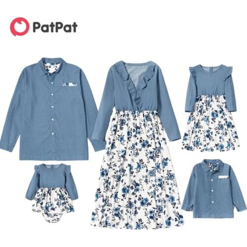 PatPat 2021 New Spring Family Matching Denim Sets Party Dress (Floral Flounce V-neck Dresses-Solid Button Front Shirts-Rompers)