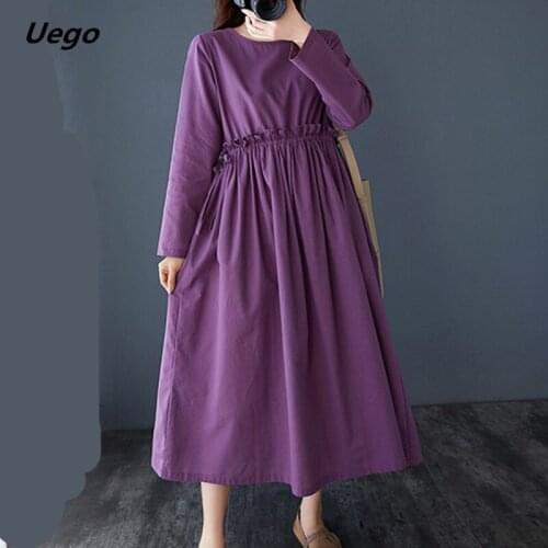 2021 New Arrival Long Sleeve Autumn Dress Linen Cotton Loose Female Women Casual Spring Dress Ruffle Office Lady Work Dress