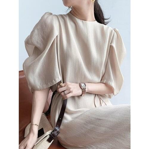 High-End Customization Women Apricot Short Puff Sleeve Dress French Style Vintage Elegant Temperament 2021 Summer New Arrival