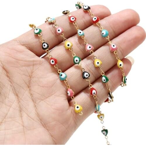 1 Meter 5.5mm Width Stainless Steel Gold Eye Chain Heart Turkish Evil Eye Rosary Beads Chains For DIY Jewelry Findings Making