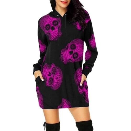 2021 Halloween New 3D Skull Printed Mini Dress Long Hooded Hoodies Sweatshirt Long Sleeve Pocket Women Clothes Plus Size 2XL