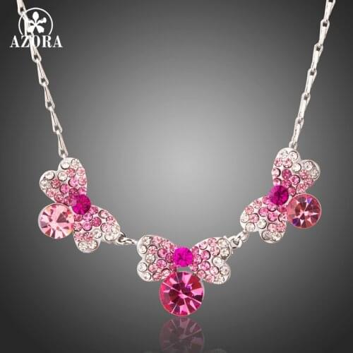 AZORA Fashion White Gold Color Chain Multicolor Austrian Crystals Butterfly Pendant Necklace Trendy Net Star Jewelry TN0211