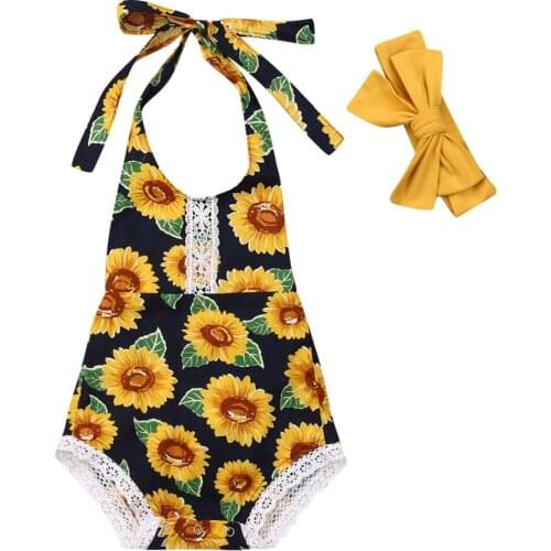 Baby Romper Newborn Baby Girl Cotton Sleeveless Romper Headband Sunflower Print Clothes Outfits Clothes New Summer Clotthes