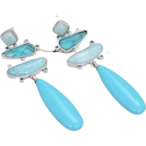 GG Jewelry Cute White Gold Color Platecd Blue Turquoises Green Amazonites Crystal Teardrop Stud Earrings For Women Lady Gift