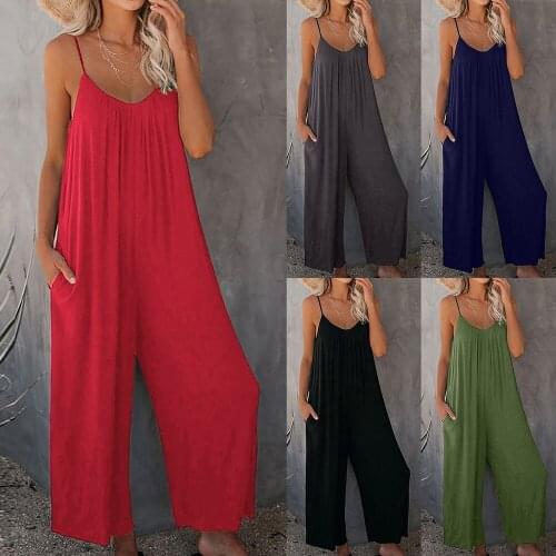 Summer Women Strap Loose Jumpsuit Overalls Wide Leg Pants Solid Dungaree Bib Rompers Sleeveless Oversized Cotton Linen Jumpsuit
